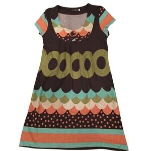 Tenki Womens Dress Medium Brown Colorful Retro Mod A‎ Line Short Sleeve
